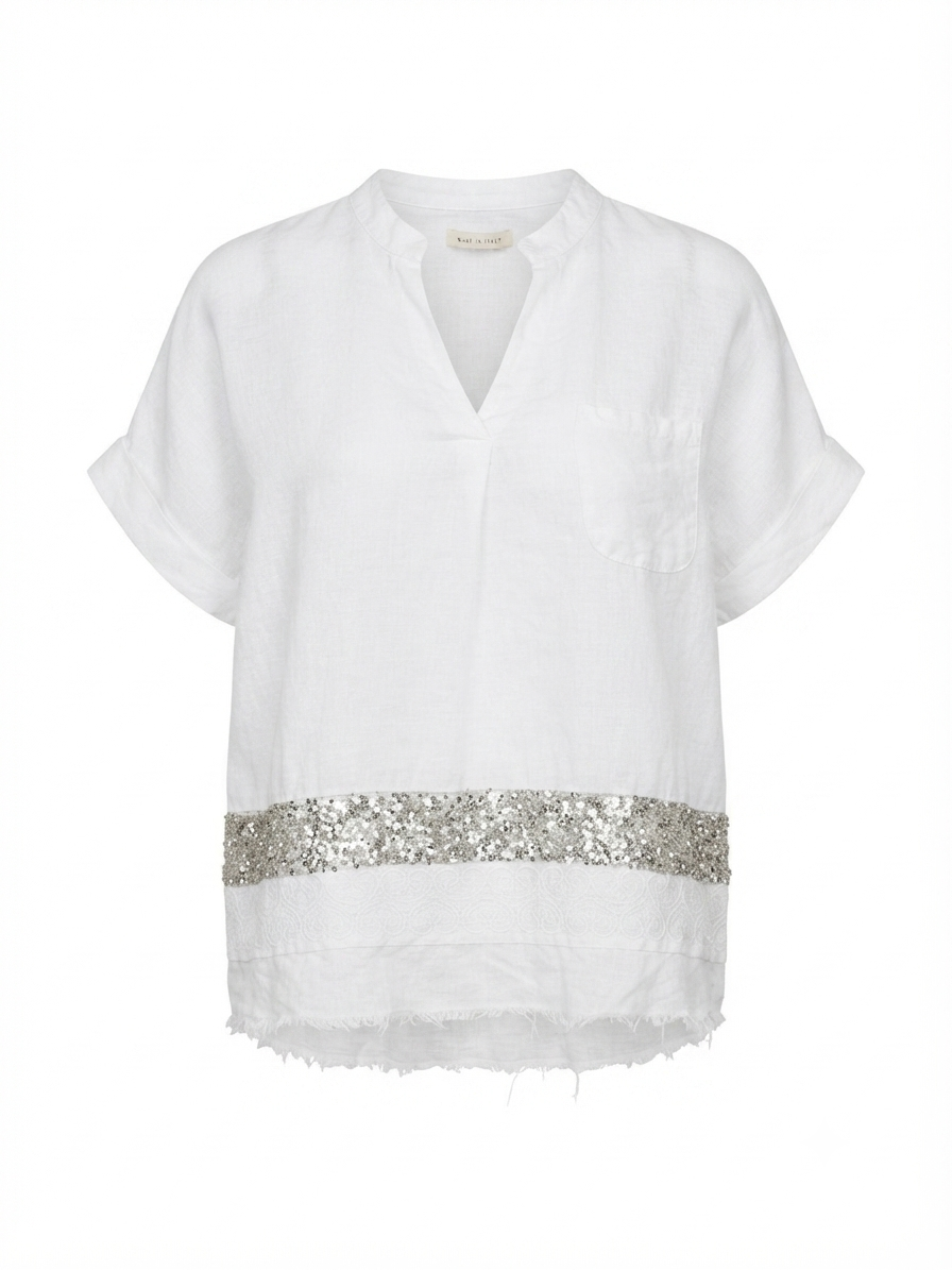 Italian linen sequin strip top white